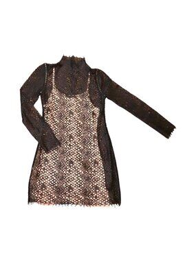 Alexander Wang Sheer Black Lace Long Sleeve Mini Dress With Nude Lining, Size S